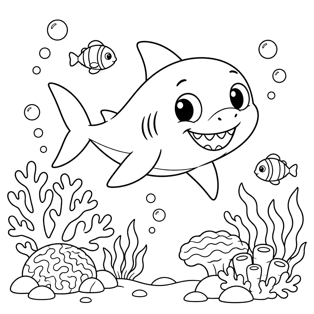 Baby Shark at the Coral Reef Coloring Page