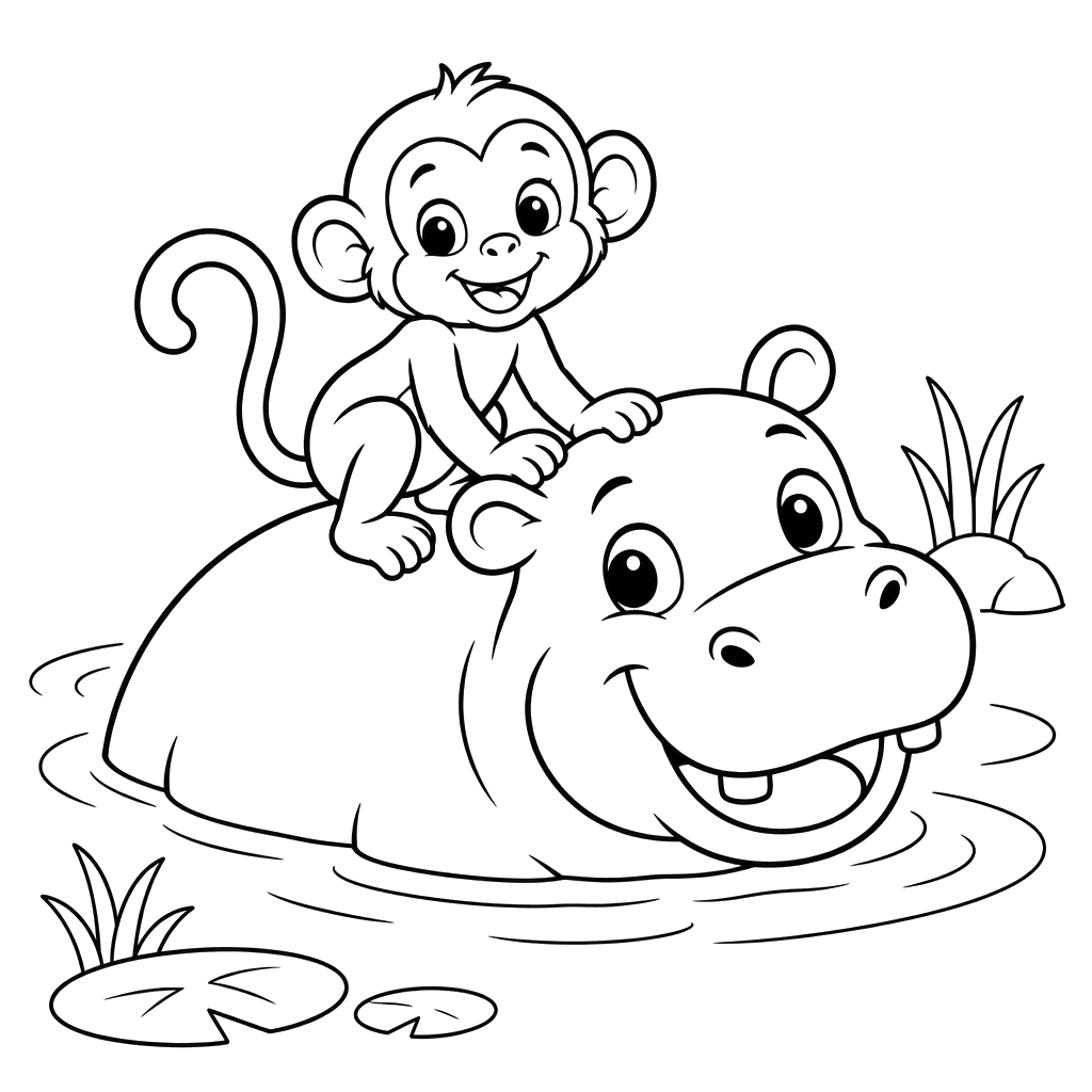 Monkey and Hippopotamus in the Water