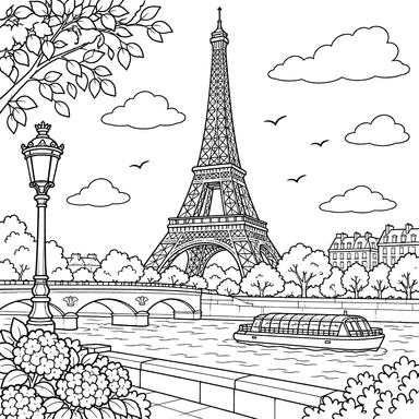 Eiffel Tower by the Seine Coloring Page