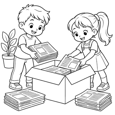 Children Recycling Newspapers Coloring Page