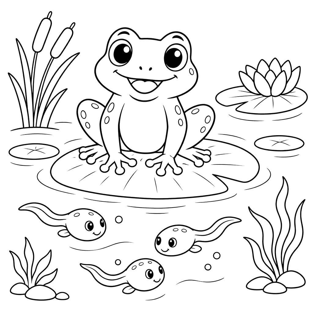 Frog and Tadpoles in a Pond