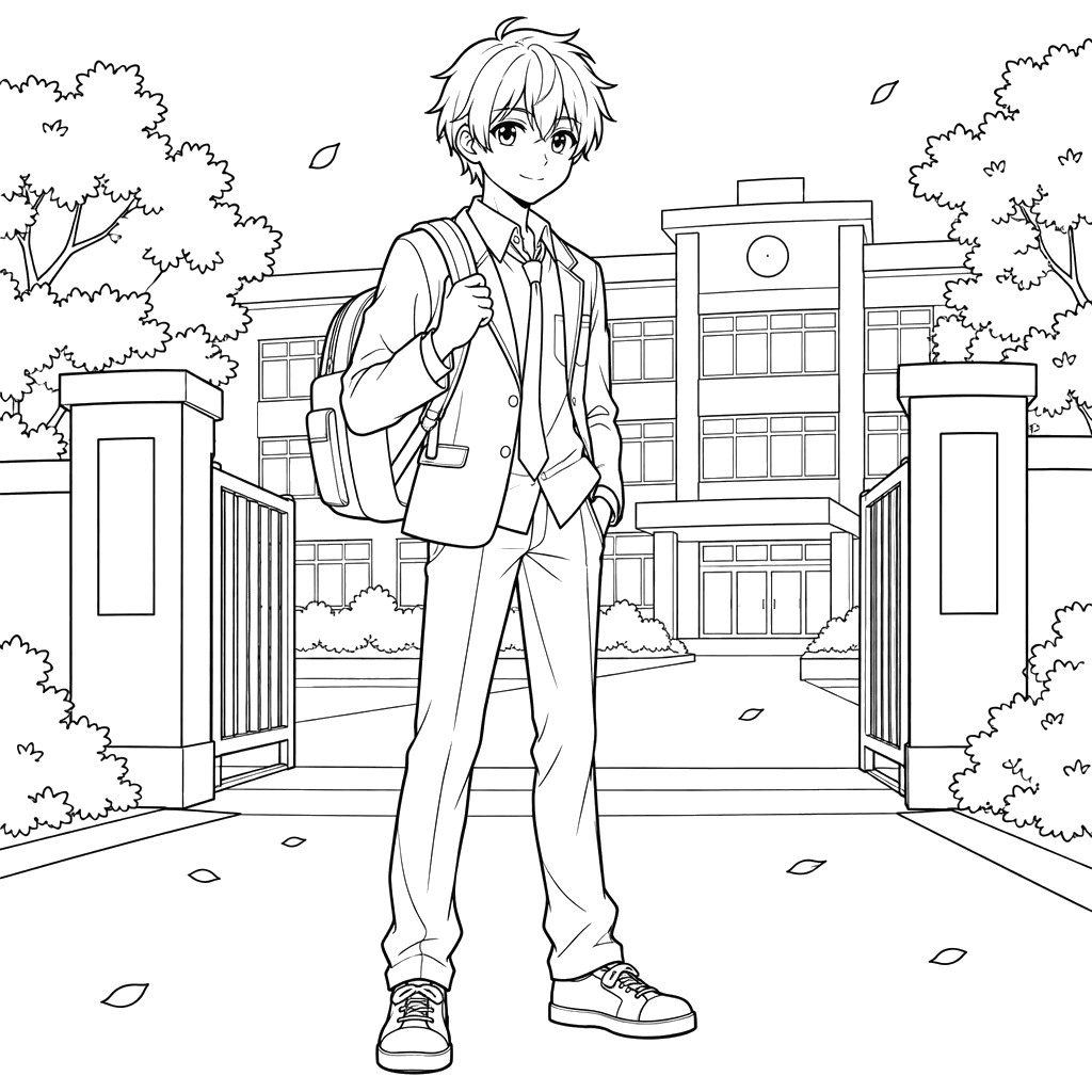 Anime Boy at the School Gate Coloring Page