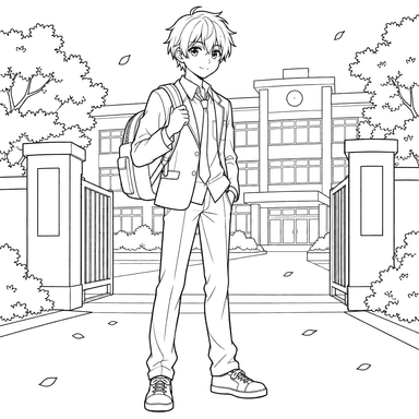 Anime Boy at the School Gate Coloring Page