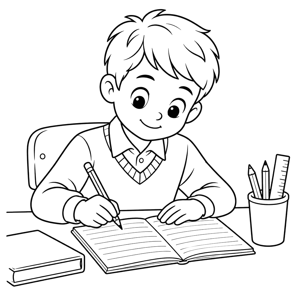 Schoolboy Writing in a Notebook Coloring Page