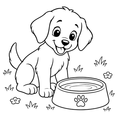 Puppy at a Water Bowl Coloring Page
