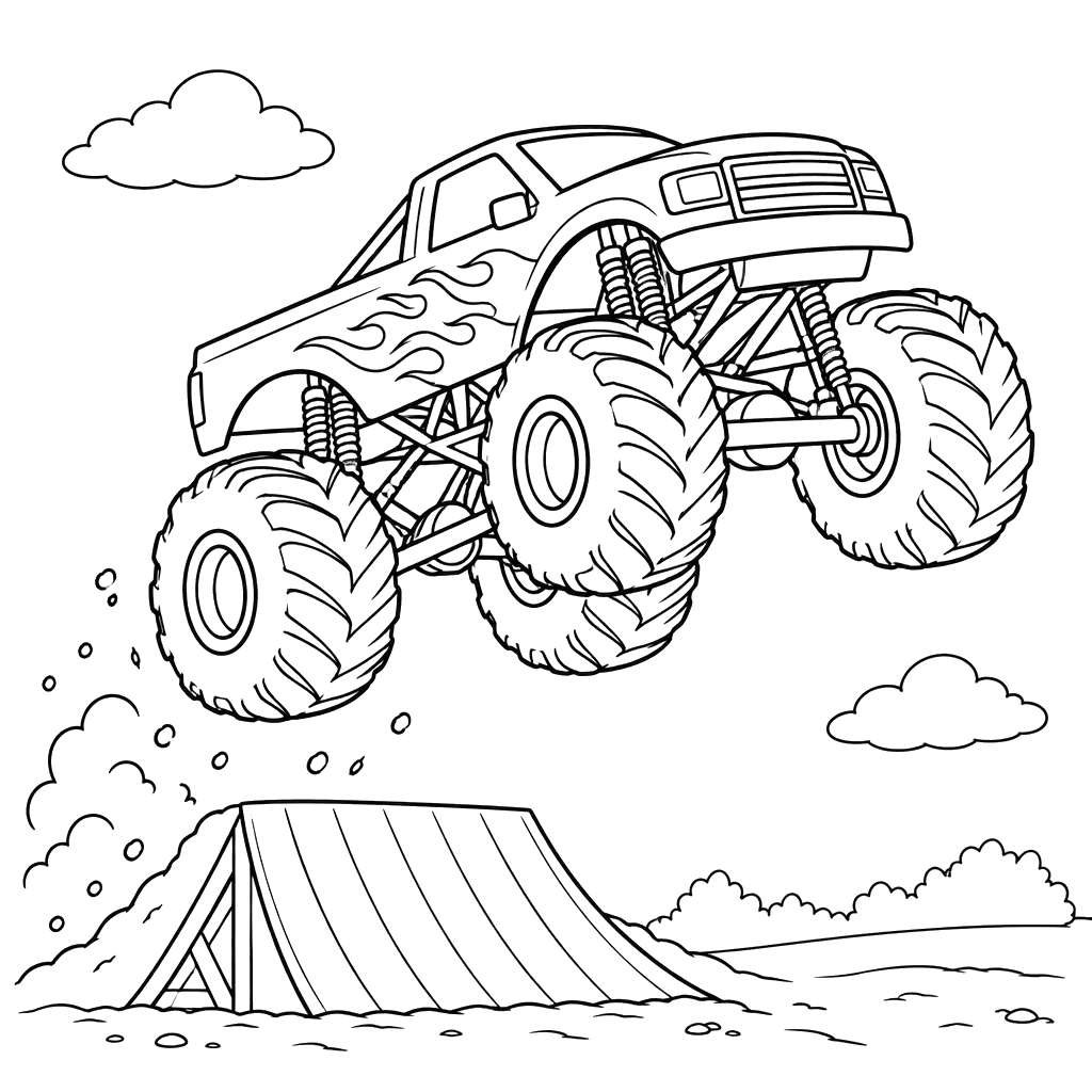 Monster Truck Jumping a Ramp Coloring Page