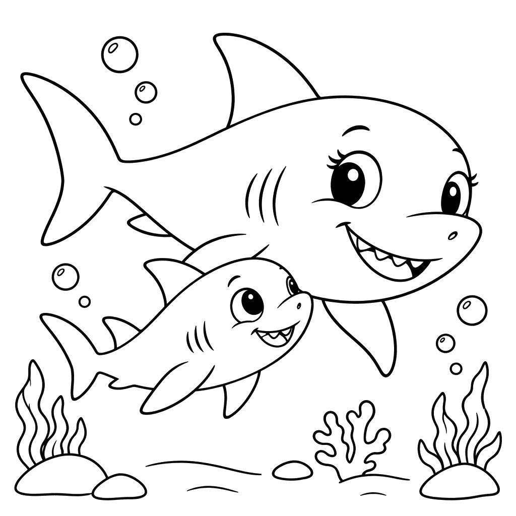Mother and Baby Shark Underwater Coloring Page