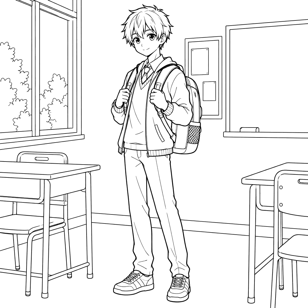 Anime Boy with Backpack in Classroom Coloring Page