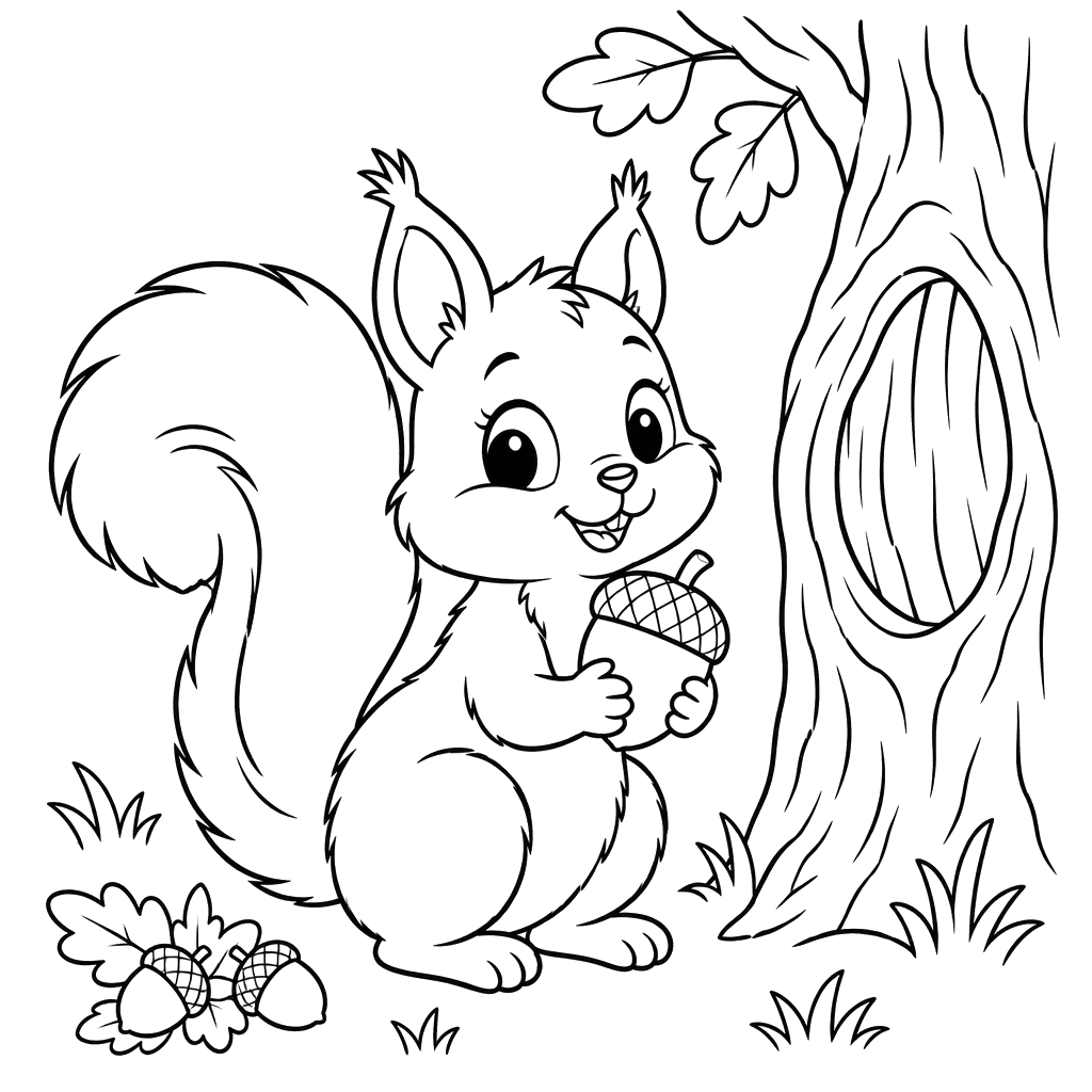 Squirrel Holding an Acorn by a Tree Hollow