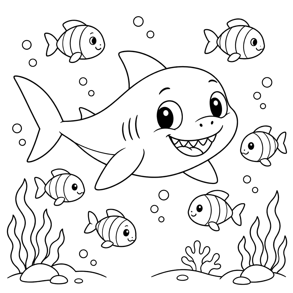 Baby Shark Among Fish Coloring Page