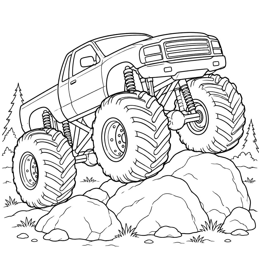 Monster Truck Climbing Boulders Coloring Page