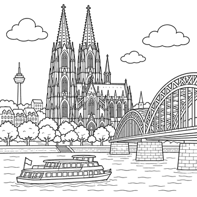 Cologne Cathedral on the Rhine Coloring Page