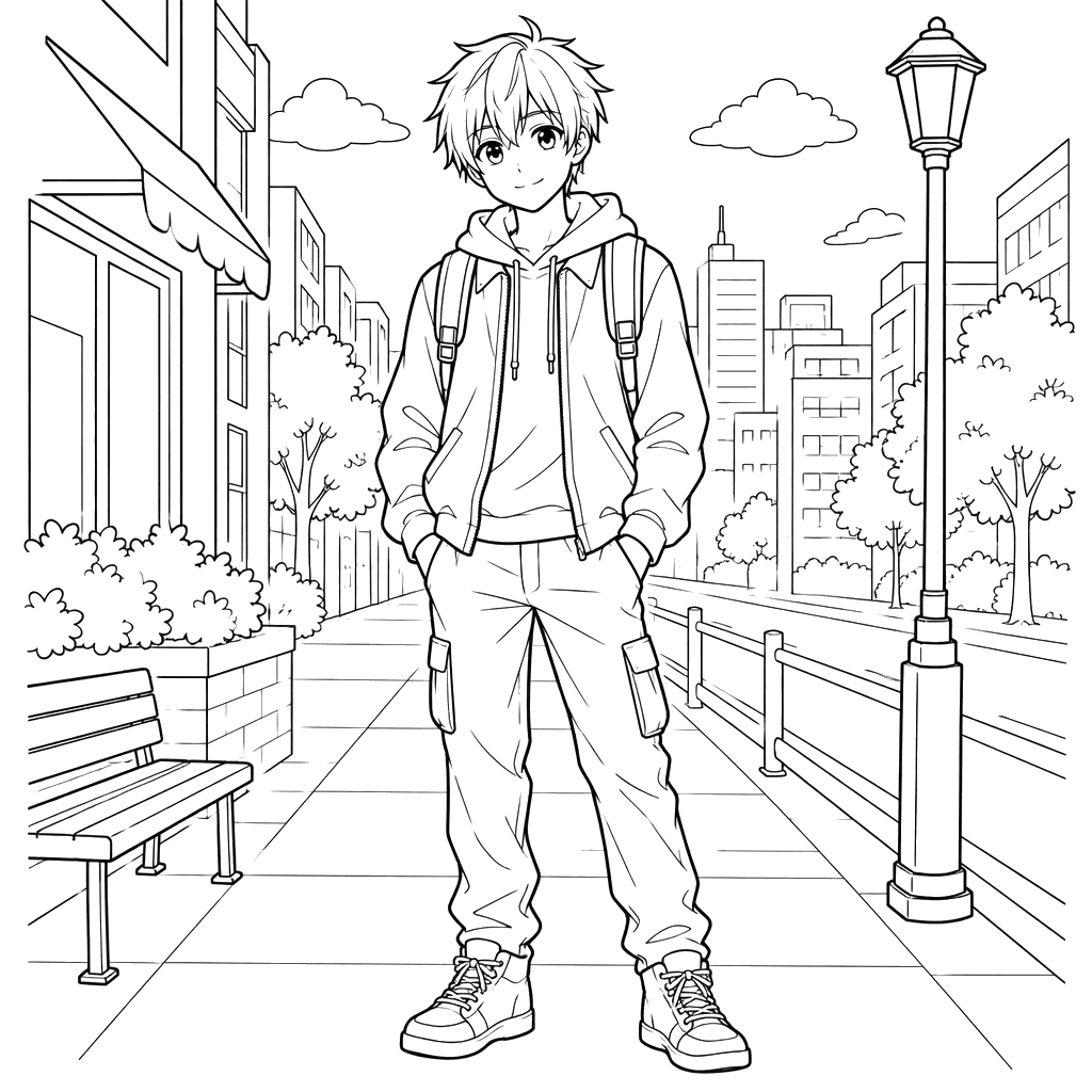 Anime Boy on a City Sidewalk Coloring Page