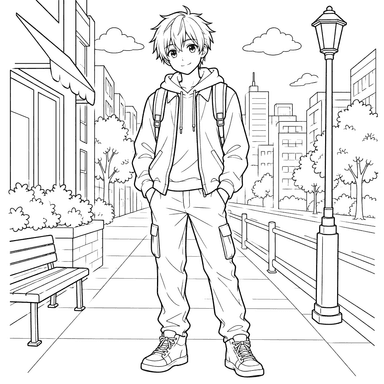 Anime Boy on a City Sidewalk Coloring Page