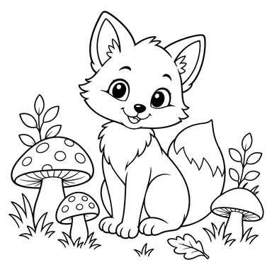 Fox Cub Among Forest Mushrooms