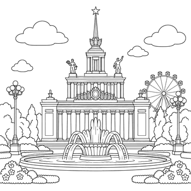 Moscow VDNKh Pavilion and Fountain Coloring Page