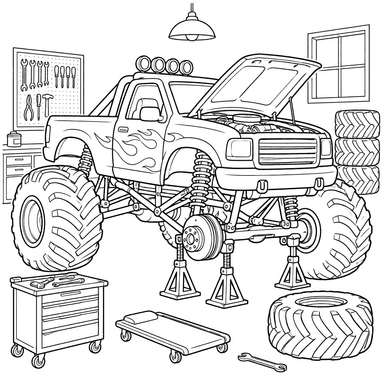 Monster Truck in a Garage Coloring Page