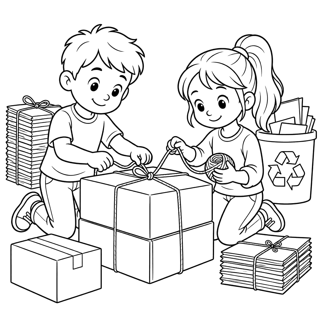 Children Tying Cardboard Boxes for Recycling