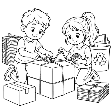Children Tying Cardboard Boxes for Recycling