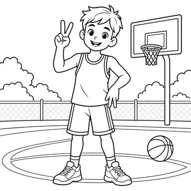 Boy Making a Peace Sign on a Basketball Court