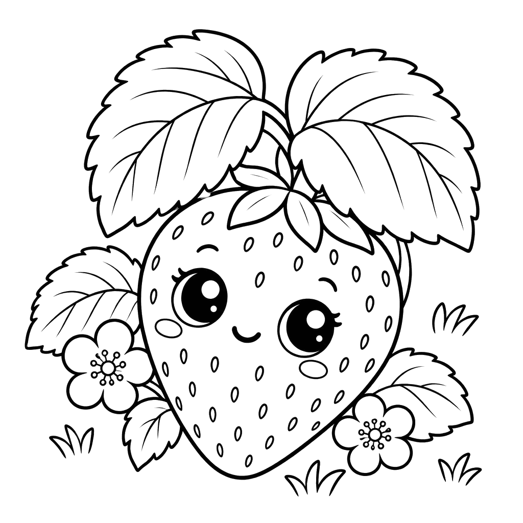 Cute Strawberry with Flowers Coloring Page