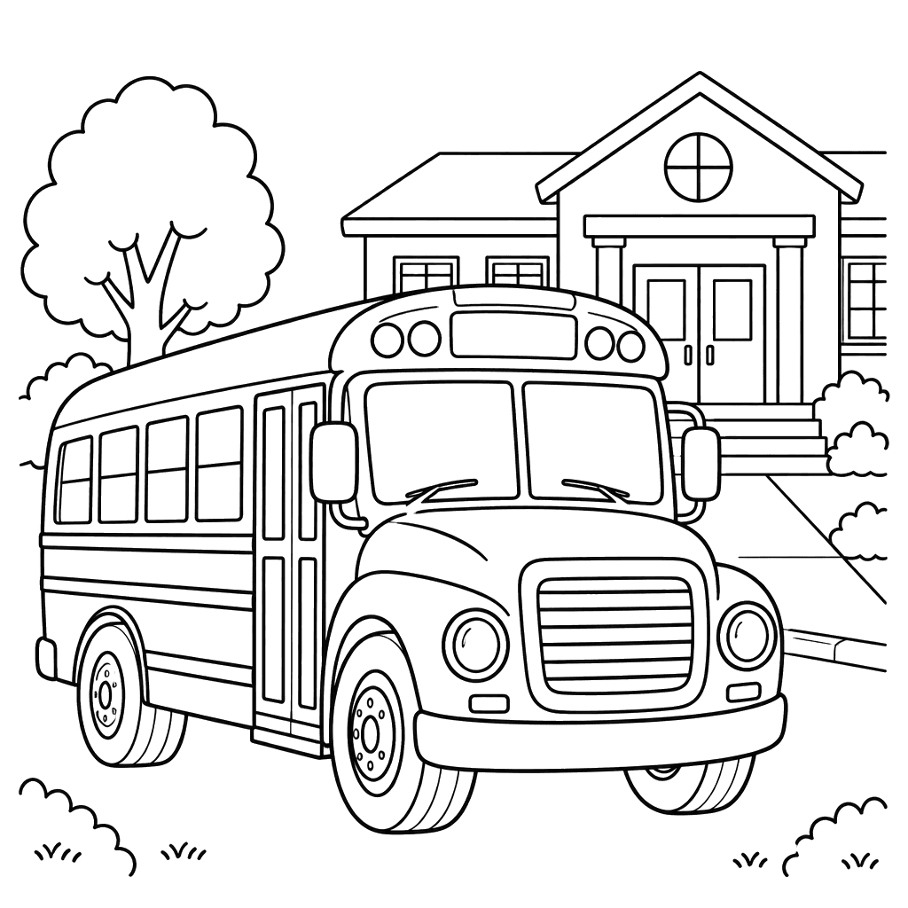 School Bus at the School Entrance Coloring Page