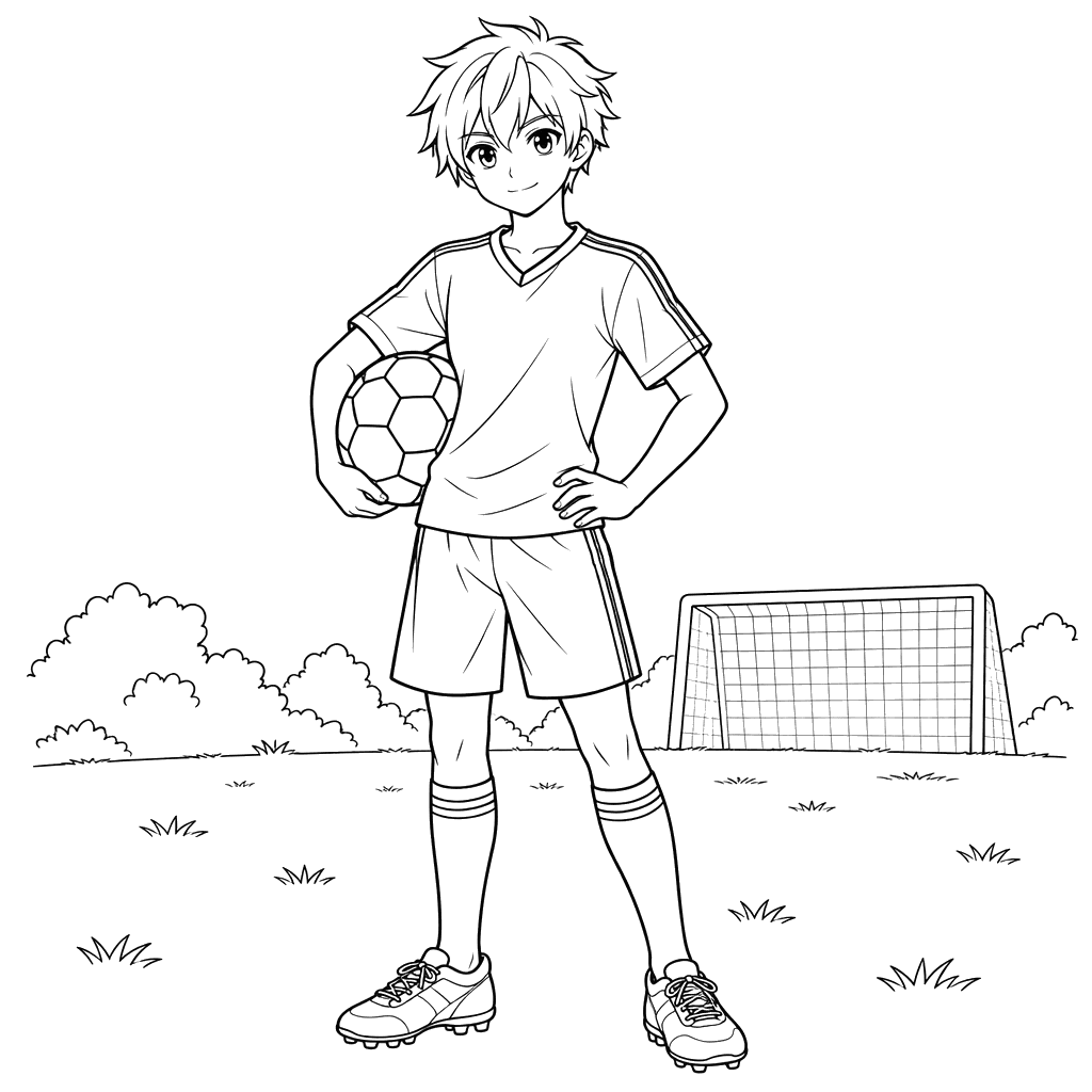 Anime Boy with a Soccer Ball Coloring Page