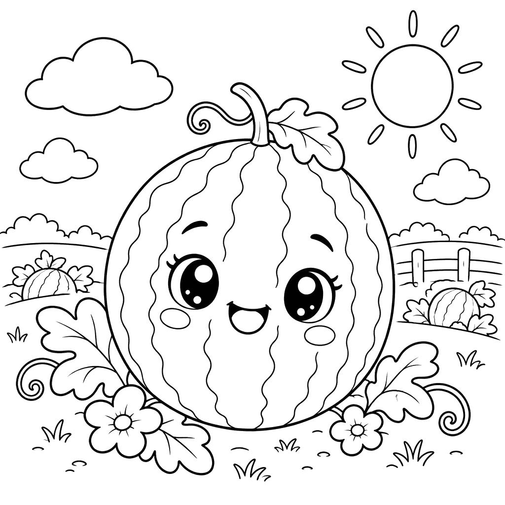 Smiling Watermelon in a Garden Coloring Page