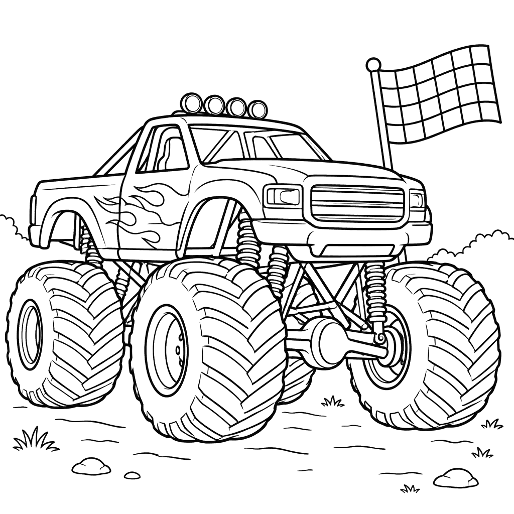 Monster Truck by the Start Flag Coloring Page