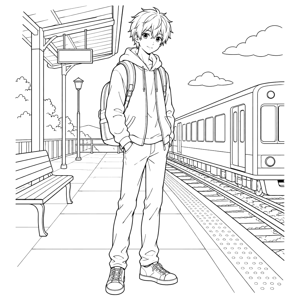 Anime Boy at the Train Station Coloring Page