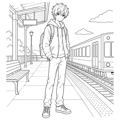 Anime Boy at the Train Station Coloring Page