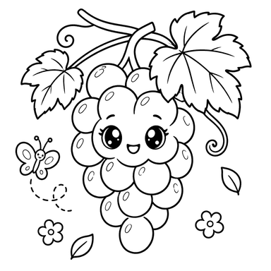 Kawaii Grapes and Butterfly Coloring Page