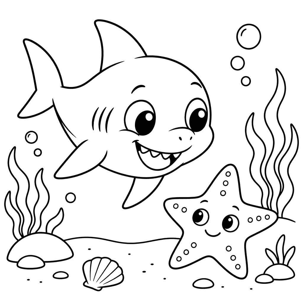 Baby Shark and Starfish Coloring Page