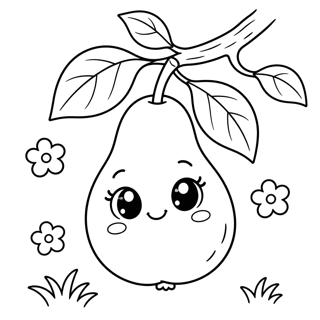 Kawaii Pear Under a Leafy Branch Coloring Page