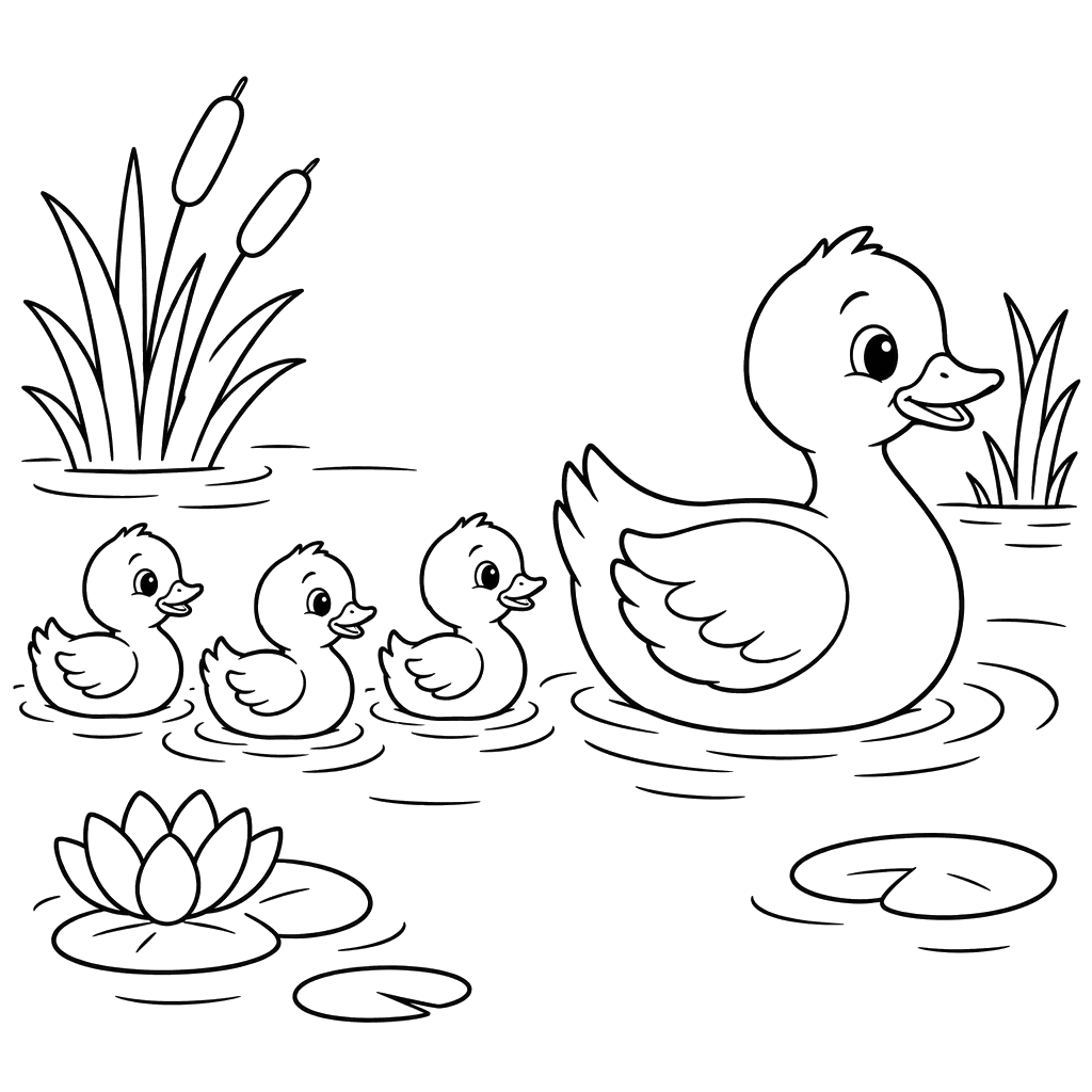 Mother Duck and Ducklings in a Pond