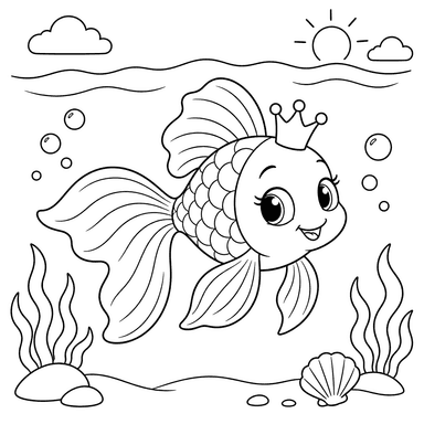 Crowned Goldfish by the Sea Coloring Page