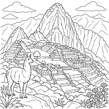 Machu Picchu, Peru, with a Llama Coloring Page
