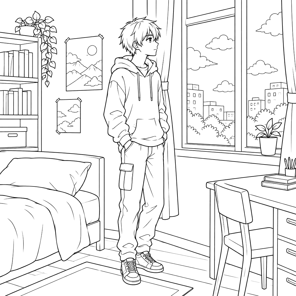 Anime Boy by a Bedroom Window