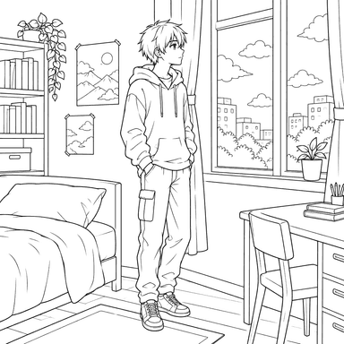 Anime Boy by a Bedroom Window