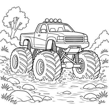 Monster Truck Crossing a Shallow Stream