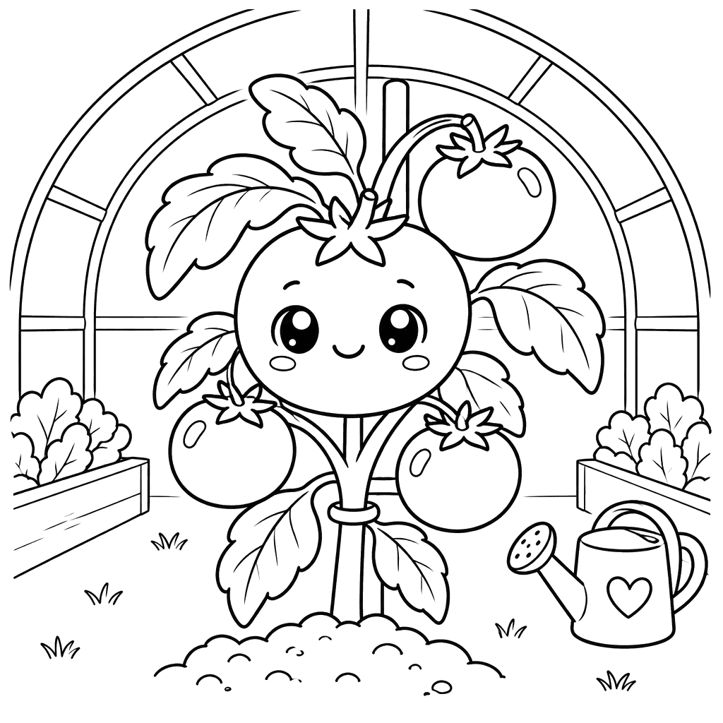 Cute Tomato Plant in a Greenhouse Coloring Page