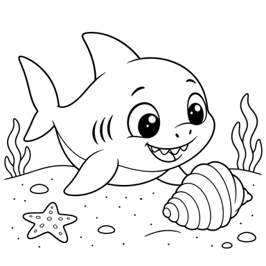 Baby Shark and Seashell Coloring Page