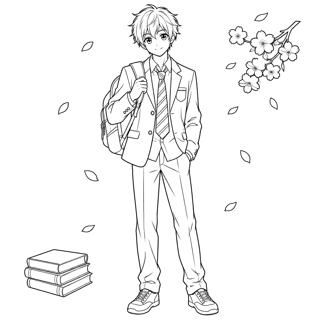 Anime Boy with Backpack and Books Coloring Page