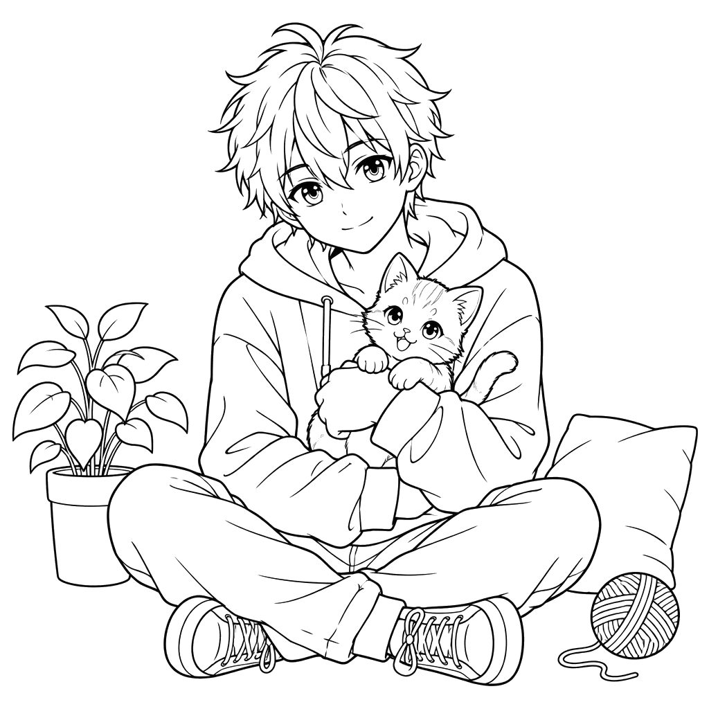 Anime Boy Holding a Kitten Coloring Page