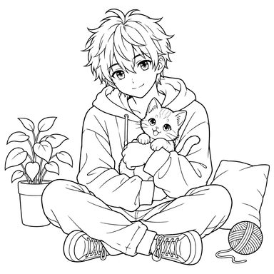 Anime Boy Holding a Kitten Coloring Page