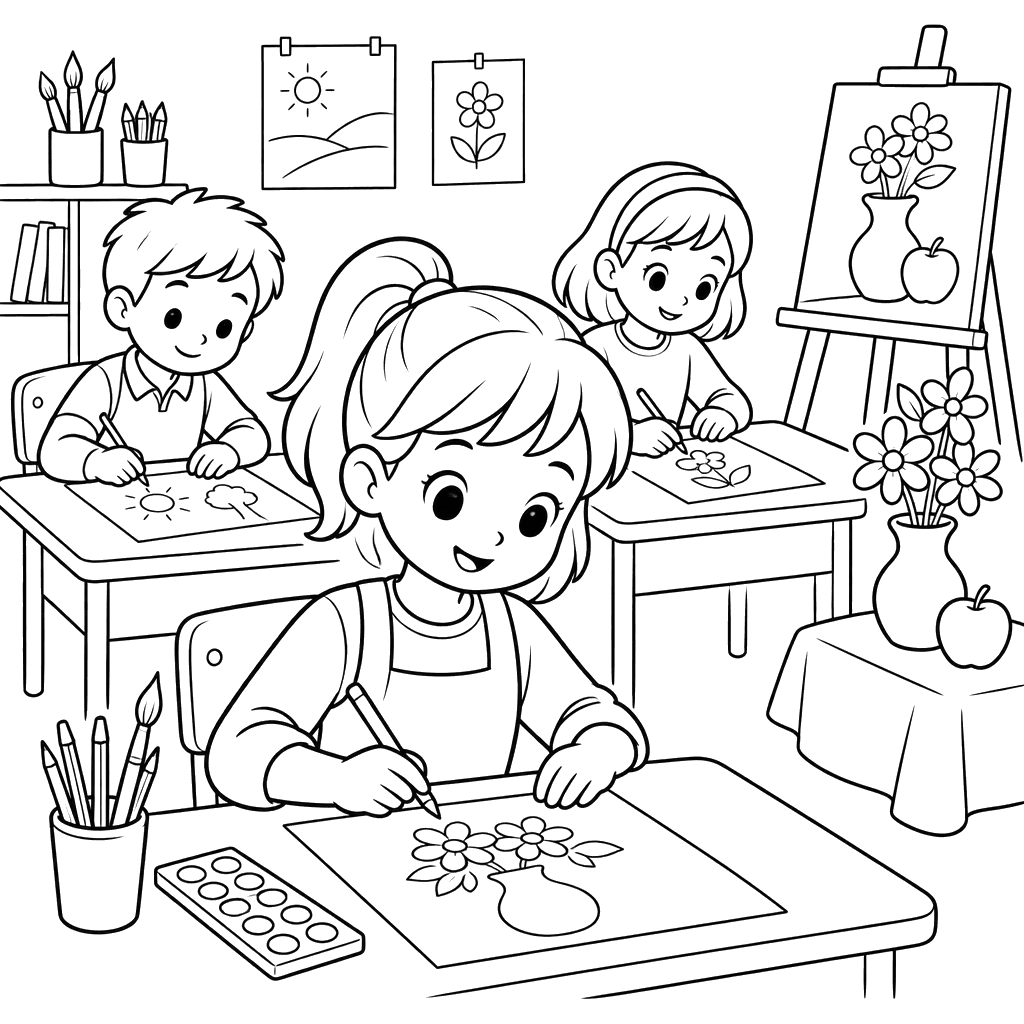 Schoolchildren in Art Class Coloring Page