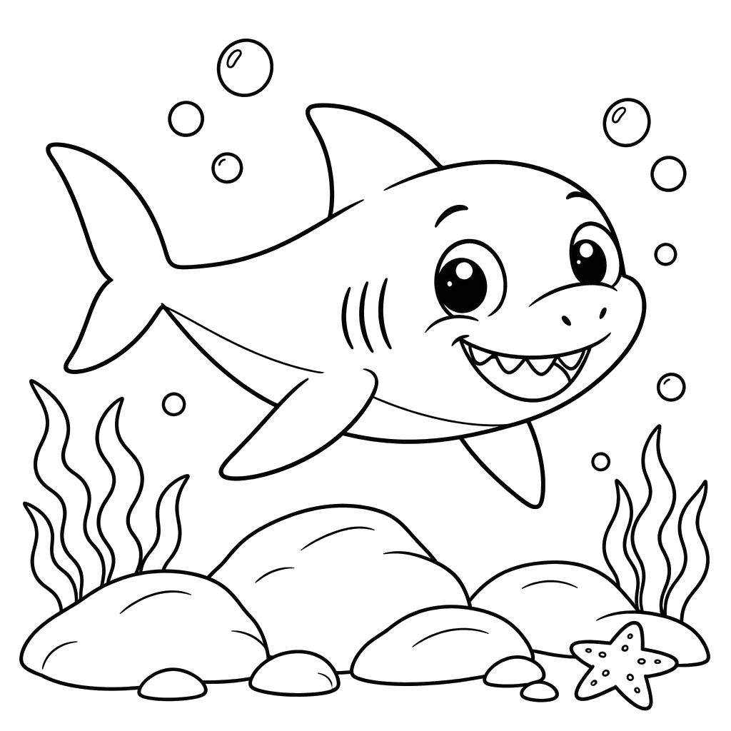 Baby Shark Above Seabed Rocks Coloring Page