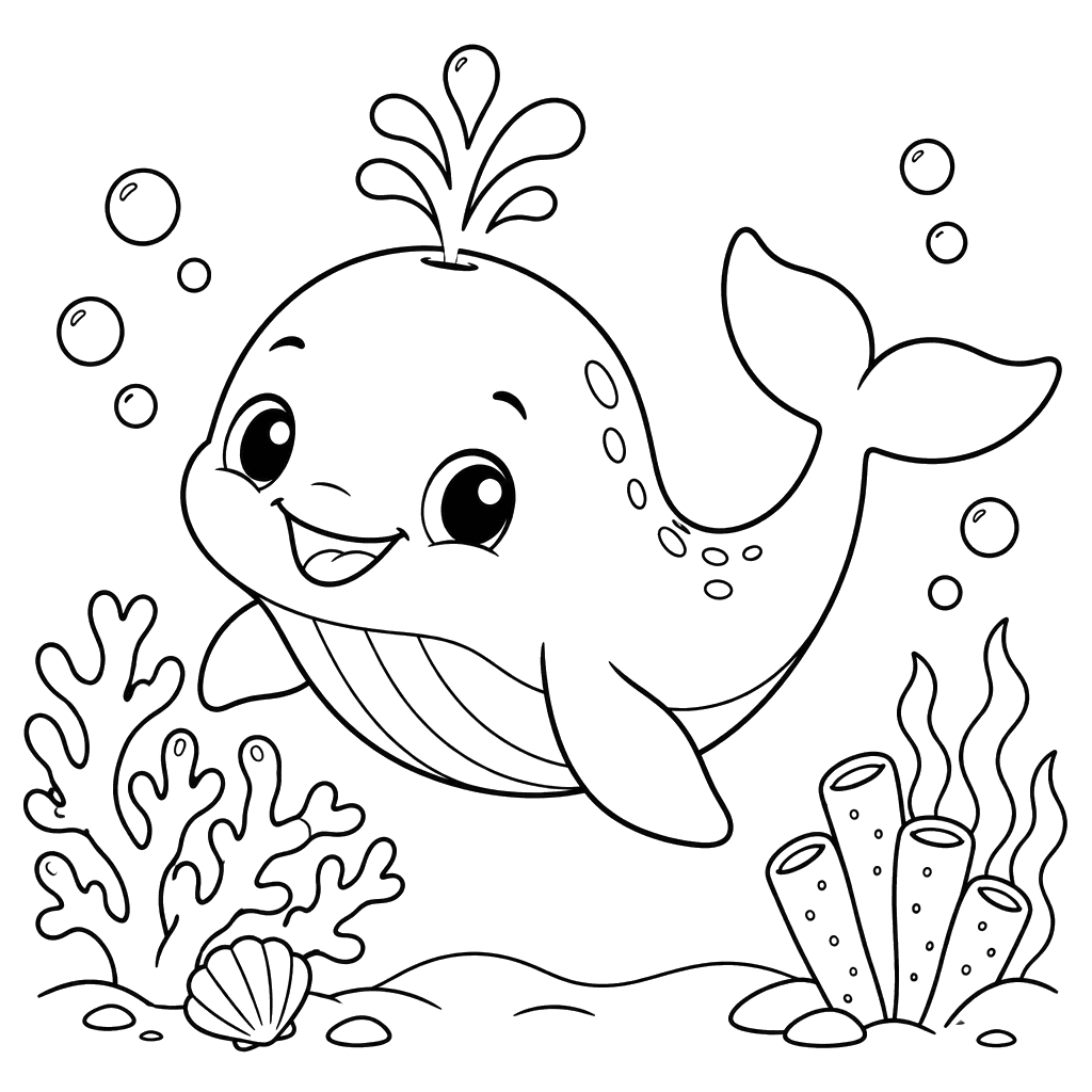 Baby Whale Near Coral Reef Coloring Page