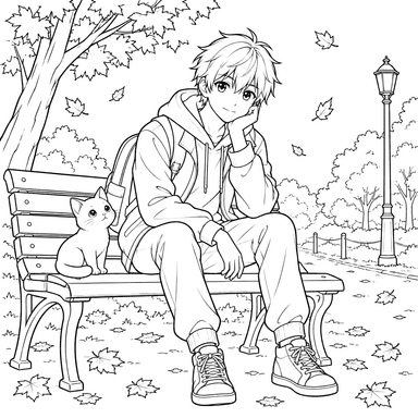 Anime Boy and Cat on a Park Bench