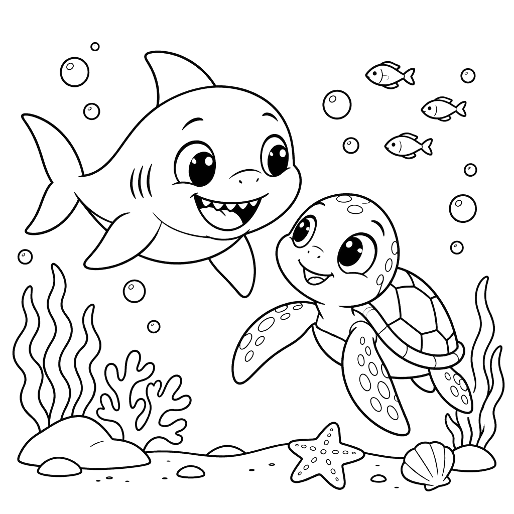 Baby Shark and Sea Turtle Coloring Page